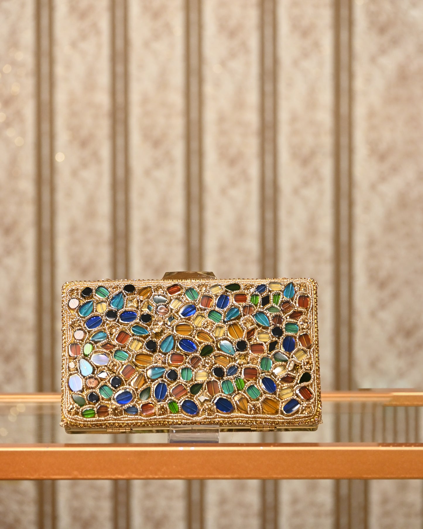 Multi Stone Metal Clutch - Bags Gallore