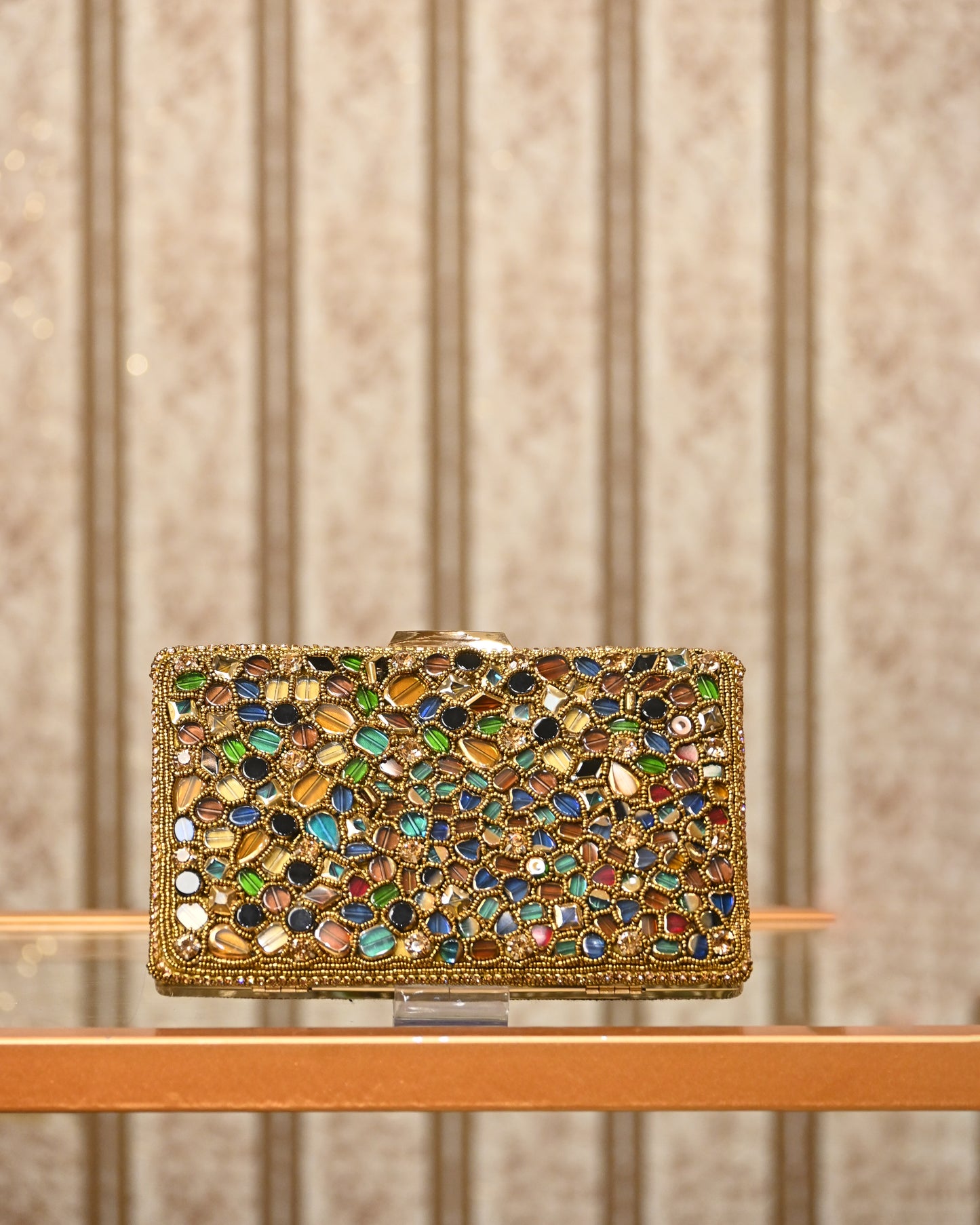 Multi Stone Metal Clutch - Bags Gallore