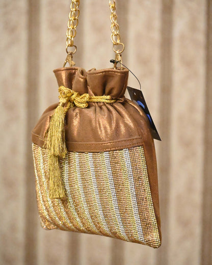 Beige Embroidery Sequin And Thread Potli Bag