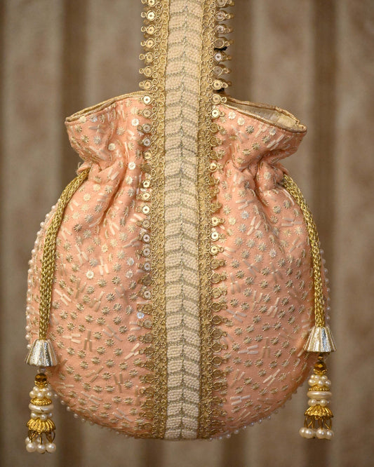 Beige Embroidery Sequin And Thread Potli Bag