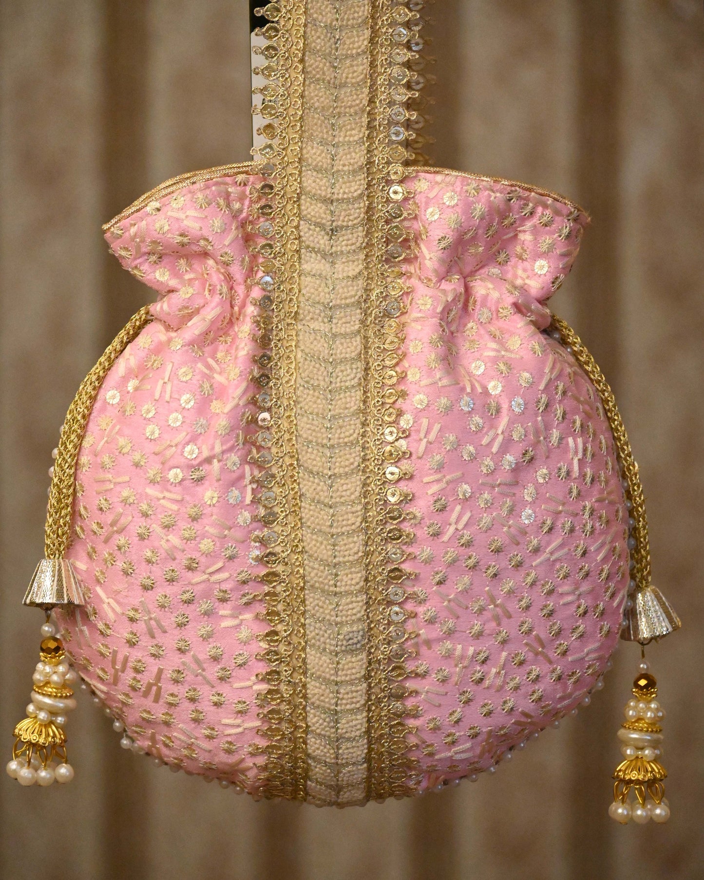 Beige Embroidery Sequin And Thread Potli Bag