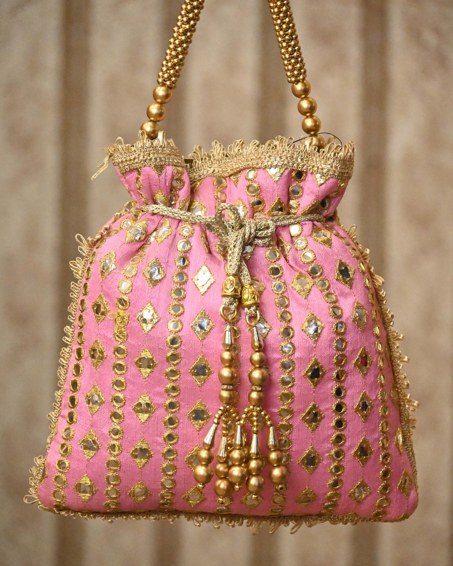 Beige Embroidery Sequin And Thread Potli Bag