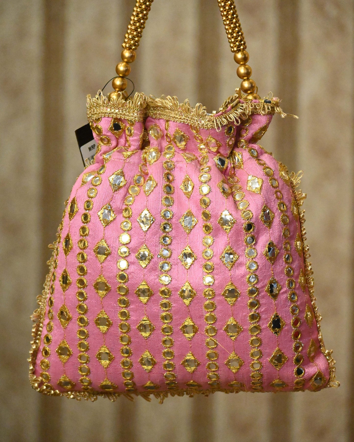 Beige Embroidery Sequin And Thread Potli Bag