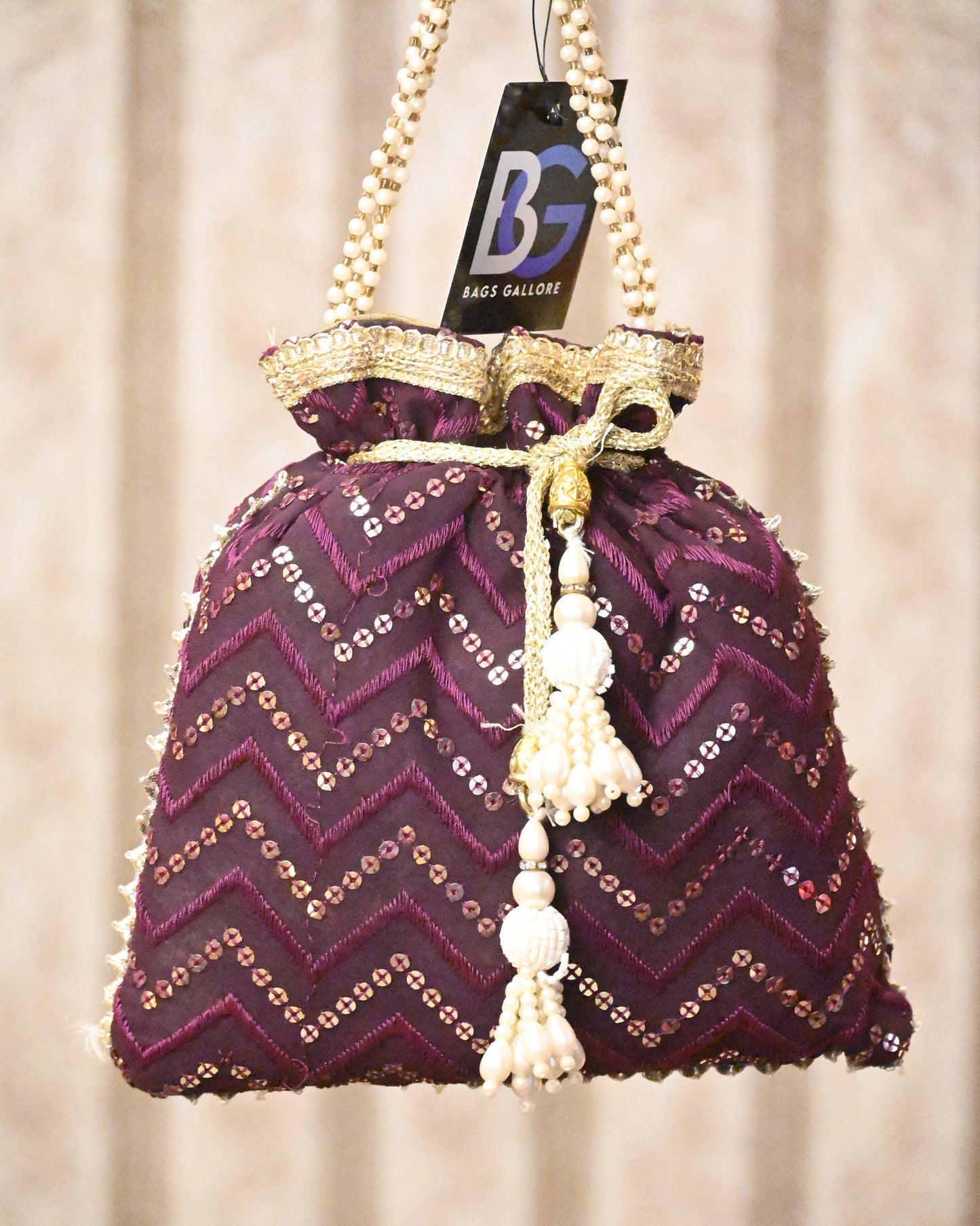 Beige Embroidery Sequin And Thread Potli Bag