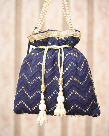 Beige Embroidery Sequin And Thread Potli Bag