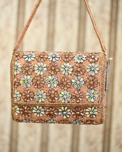 Multi-Colour Embellished Floral Flapover Clutch With Handle