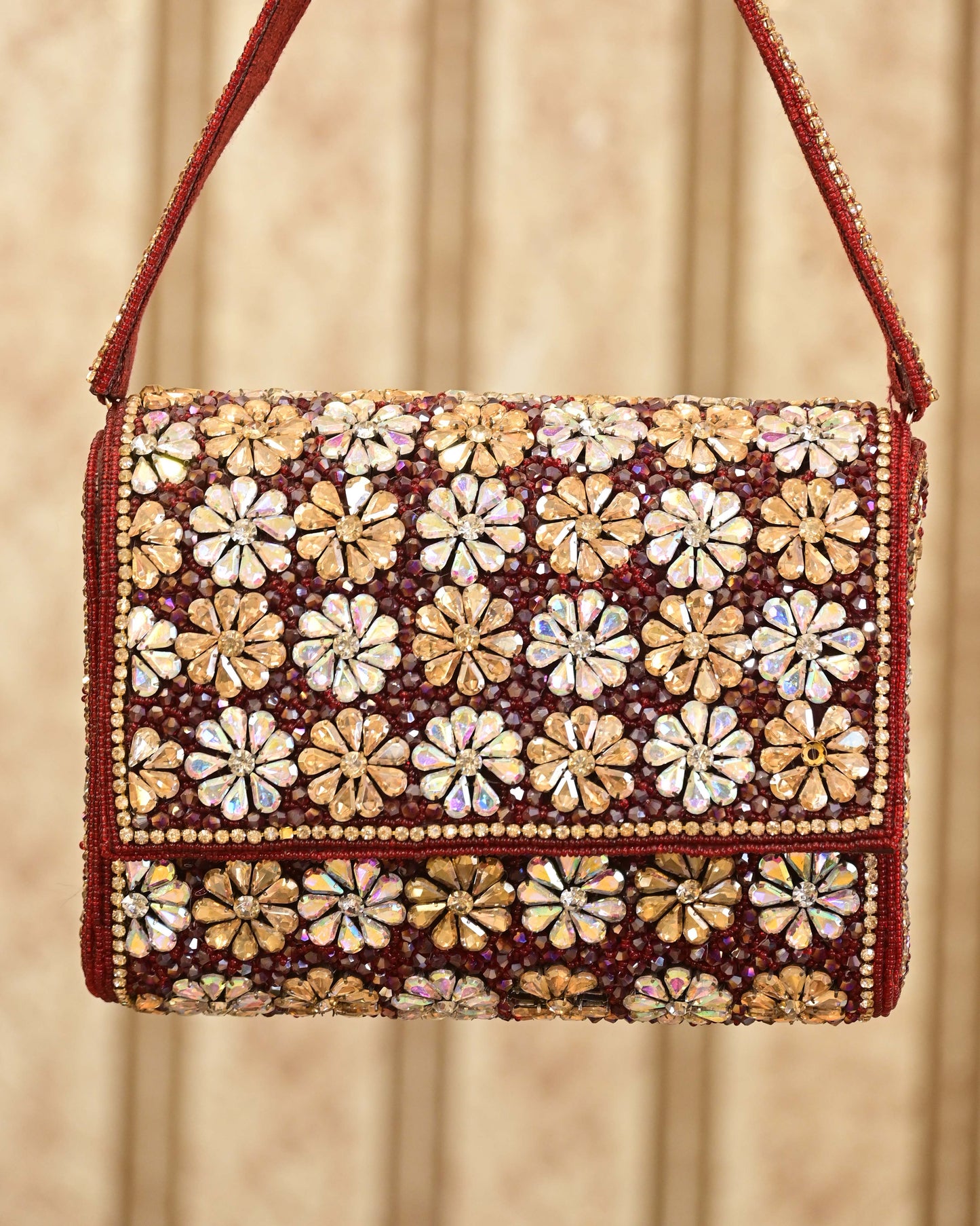 Multi-Colour Embellished Floral Flapover Clutch With Handle