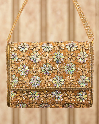 Multi-Colour Embellished Floral Flapover Clutch With Handle