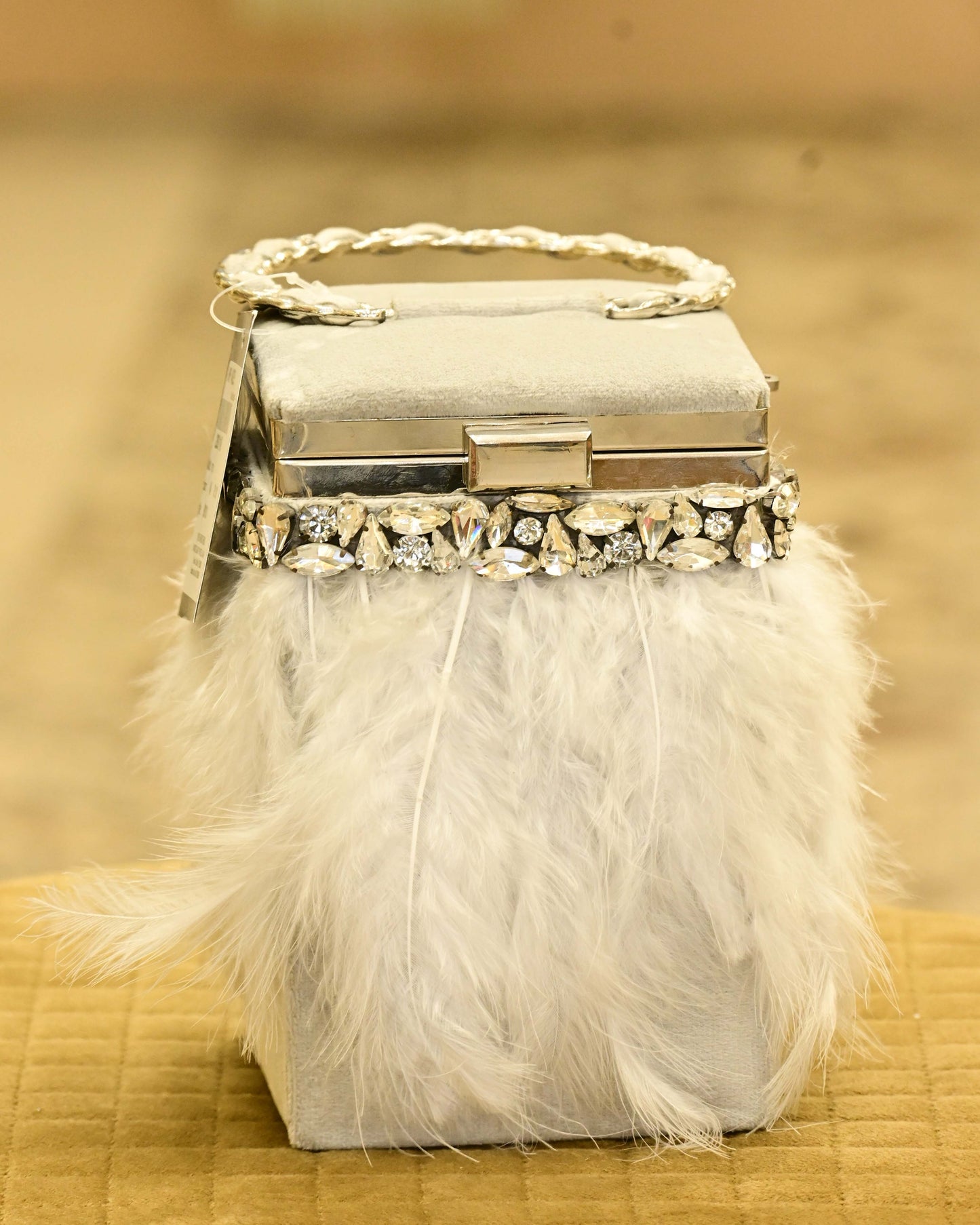 Embellished Stone Feather Box Shaped Clutch