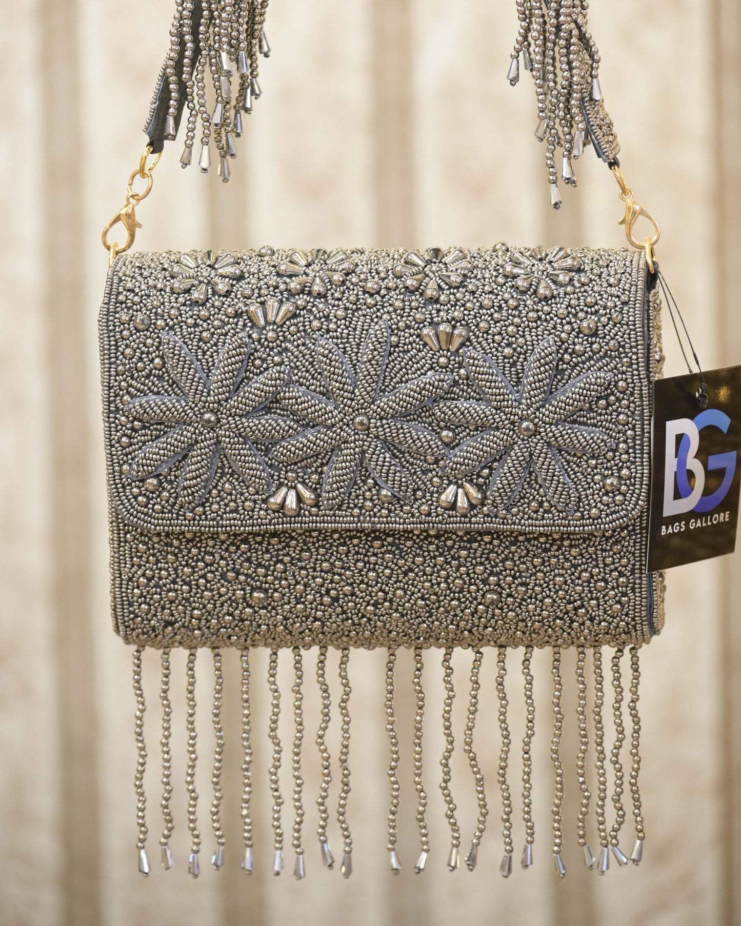 Beige Embellished Floral Galaxy Embroidered Clutch