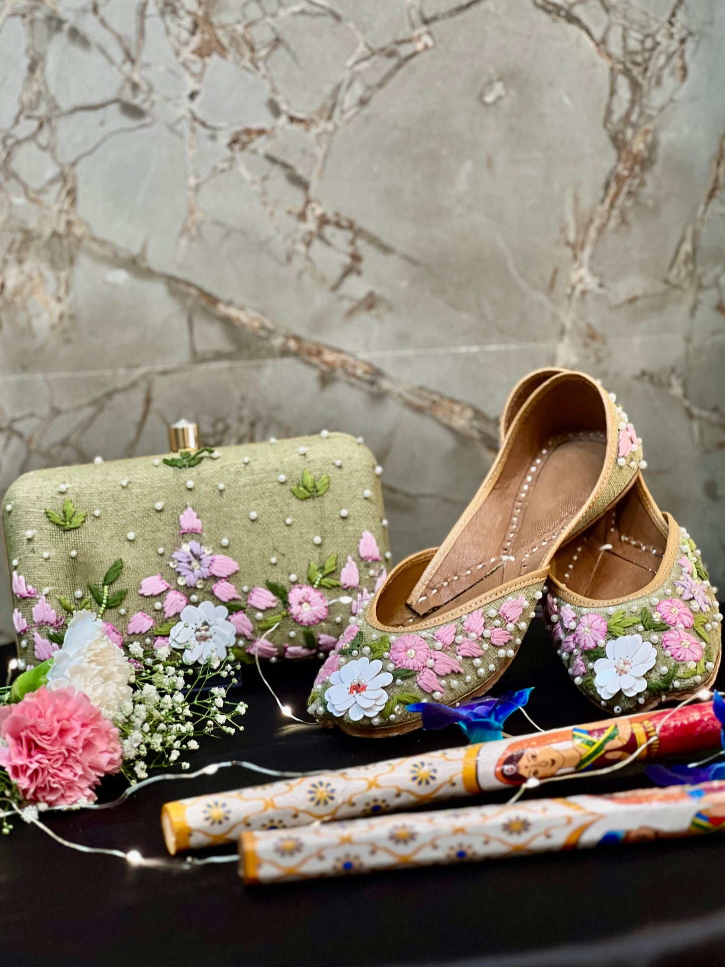 Bags Gallore Blossom Treasure Juttis & Handbag Combo (Green)